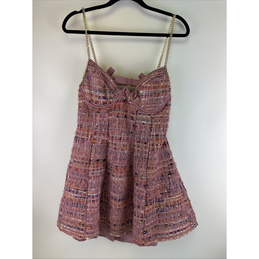 For Love & Lemons Celine Tweed Chain Mini Dress Pink Flare Party Summer Fun XL - Picture 3 of 16